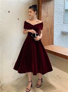 Picture of Wine Red Color Velvet Tea Length Chic Off Shoulder Party Dresses, Burgundy Prom Dress